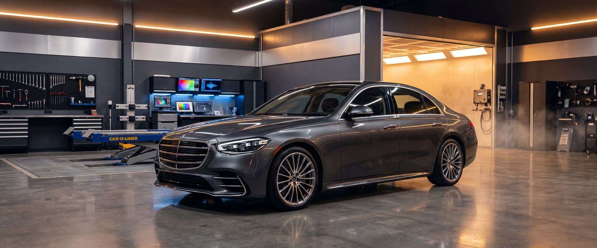 Prestige Auto Body Inc — Premium Auto Body Repair Shop in Silver Spring, MD Prestige Auto Body — pristine luxury sedan in state-of-the-art auto body workshop with modern equipment and professional lighting
